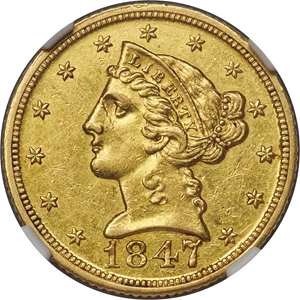 image for: 1847-D $5 AU58 NGC. Variety 18-K....