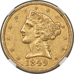 image for: 1849-C $5 AU55 NGC. Variety 1....