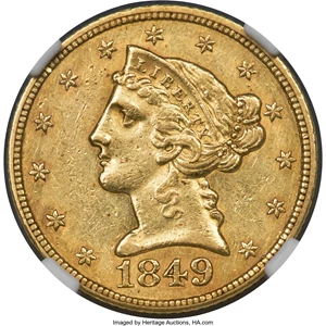 image for: 1849-C $5 AU55 NGC. Variety 1....