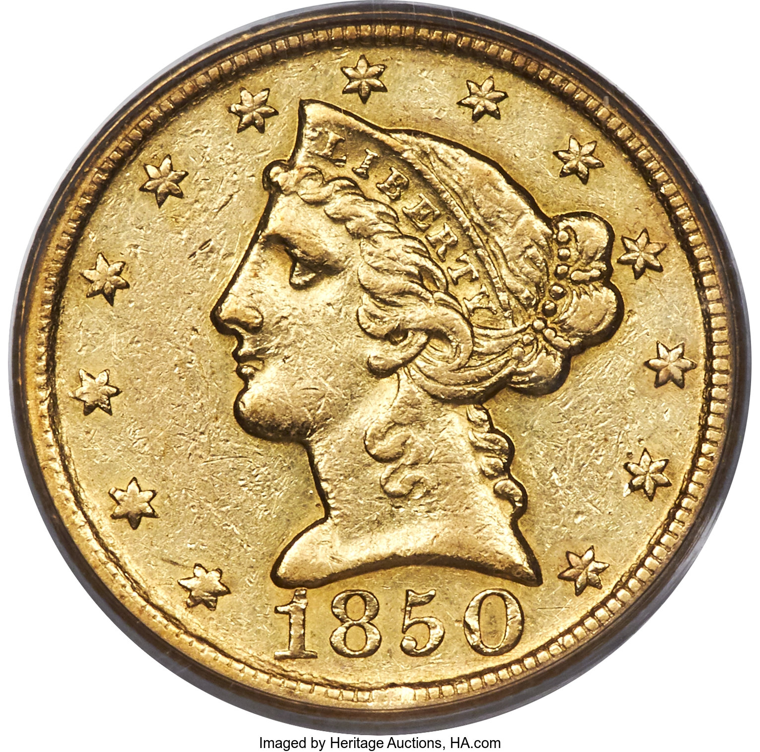 image for: 1850-D $5 AU50 PCGS. Variety 27-U....