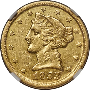 image for: 1853-D $5 AU53 NGC. Variety 35-X....
