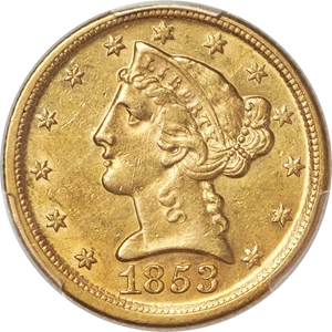 image for: 1853-D $5 AU55 PCGS. Variety 35-AA....