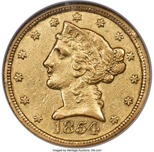 image for: 1854-C $5 AU50 NGC. Variety 2....