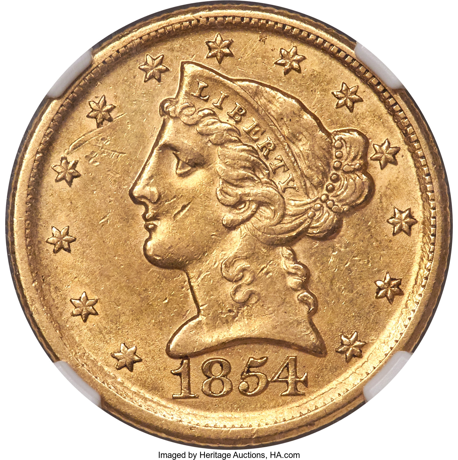 image for: 1854-D $5 Large D AU58 NGC. Variety 36-AA....