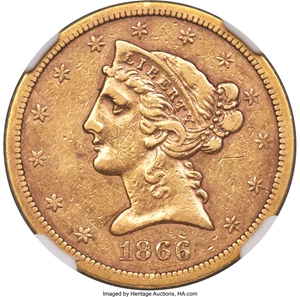 image for: 1866-S $5 Motto XF40 NGC....