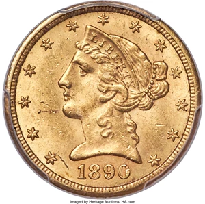 image for: 1890-CC $5 MS63 PCGS. Variety 1-A....