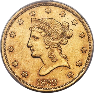 image for: 1839/8 $10 Large Letters, Head of 1838, AU55 PCGS....
