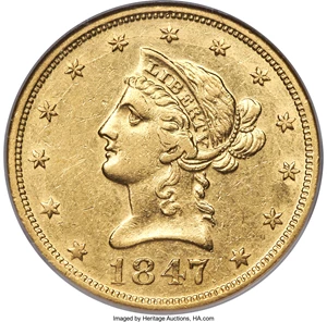 image for: 1847-O $10 AU55 NGC. Variety 2....