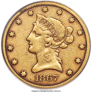 image for: 1867-S $10 VF20 PCGS....
