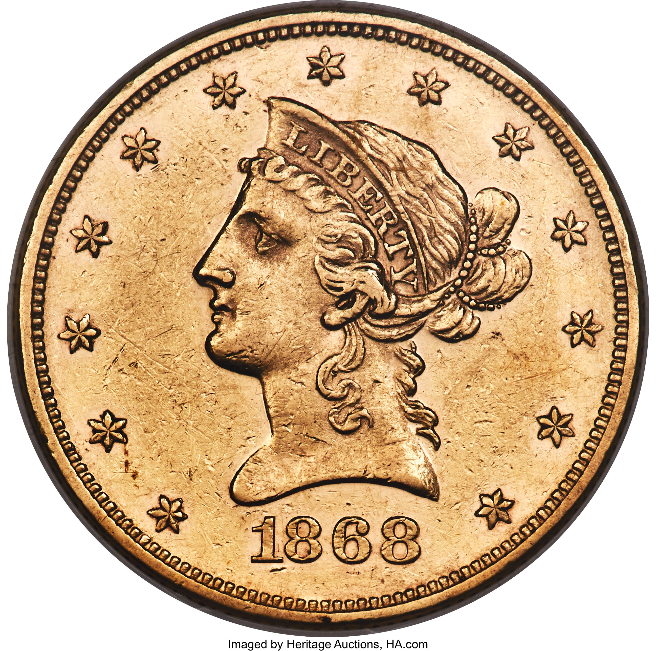 image for: 1868 $10 AU58 NGC....