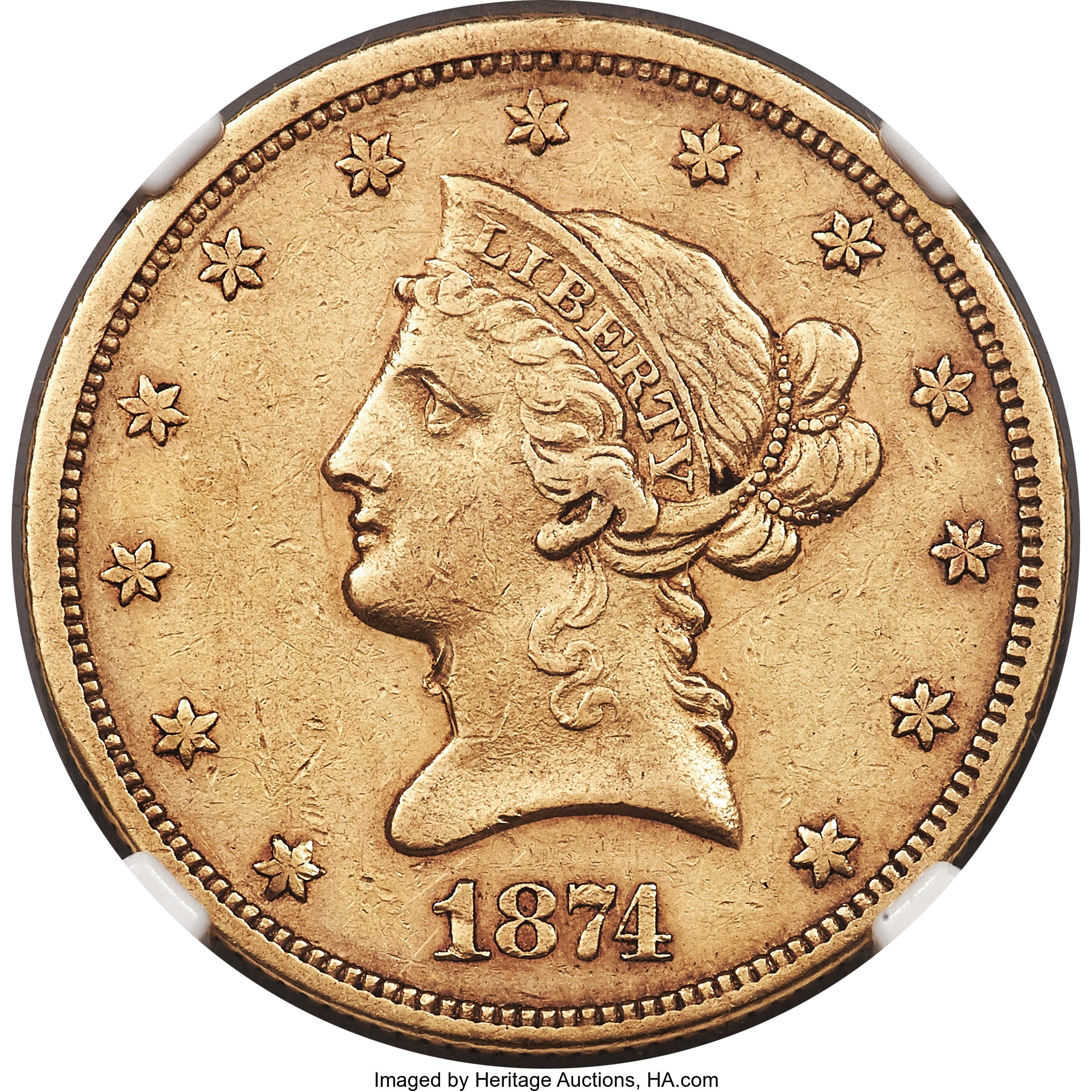 image for: 1874-S $10 AU53 NGC....