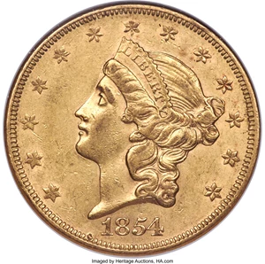 image for: 1854 $20 Small Date AU58 NGC....