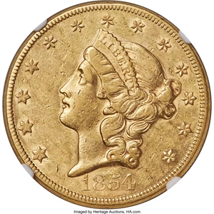 image for: 1854 $20 Large Date AU53 NGC....