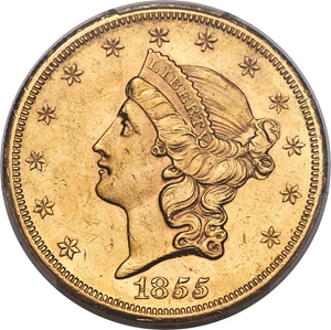 image for: 1855-S $20 MS61 PCGS. Variety 14B....