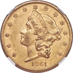 image for: 1861-S $20 AU50 NGC. CAC....