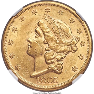 image for: 1865 $20 AU58 NGC. Misplaced Date - Bowers Variety 2....