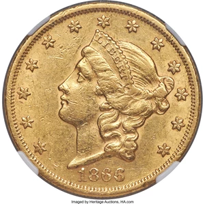 image for: 1866 $20 Motto AU53 NGC....