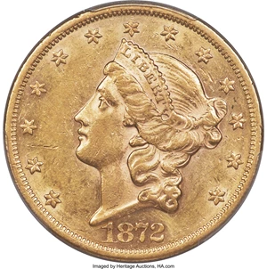 image for: 1872 $20 AU58 PCGS....