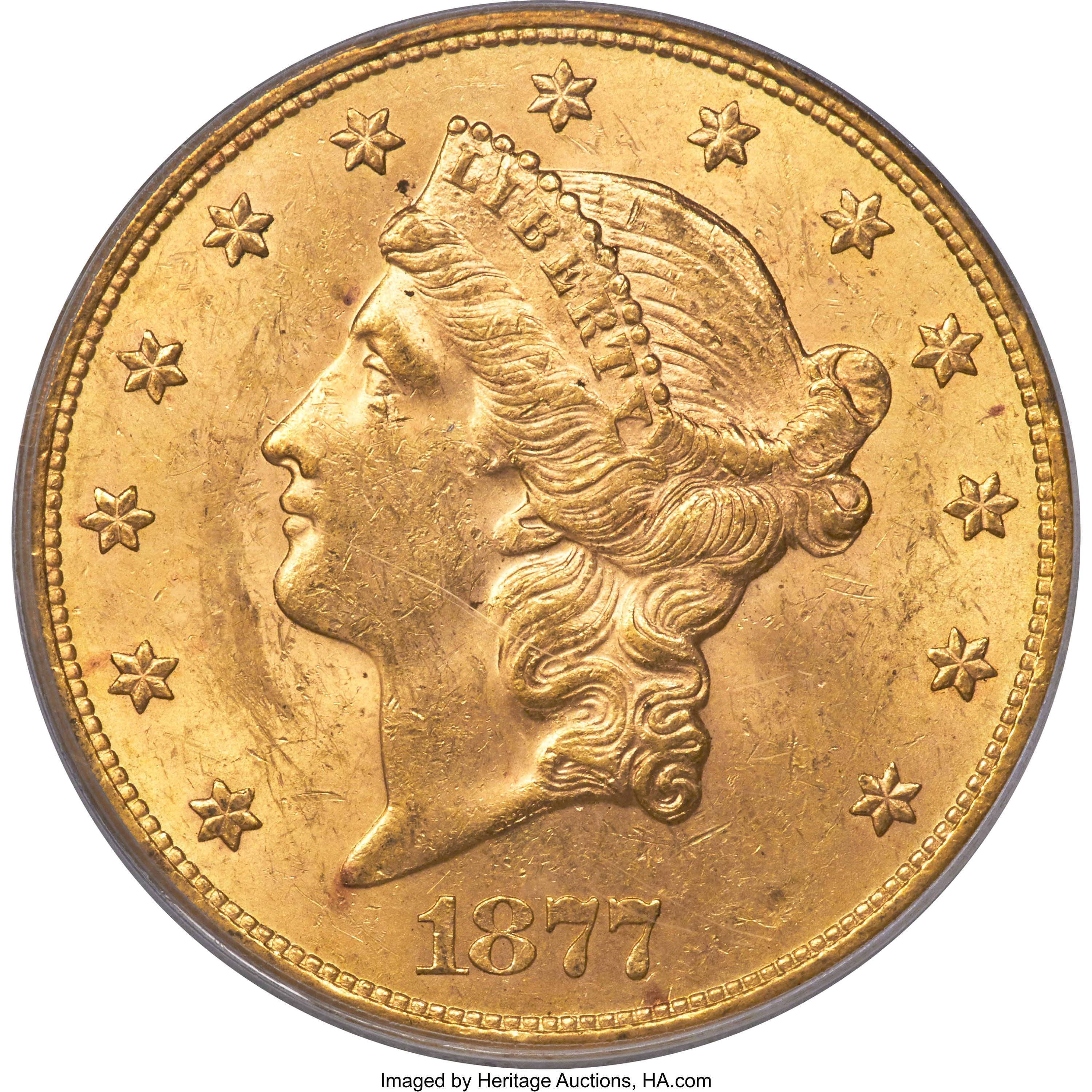 image for: 1877-S $20 MS62 PCGS. Repunched A....