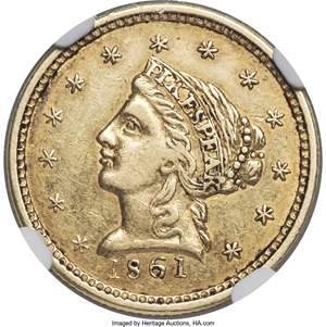image for: 1861 $2 1/2 Clark, Gruber & Co. Quarter Eagle AU55+ NGC. K-5, R.4....