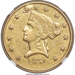 image for: 1861 $10 Clark, Gruber & Co. Ten Dollar -- Mint Error, Obverse Lamination -- XF45 NGC. K-7, R.4....