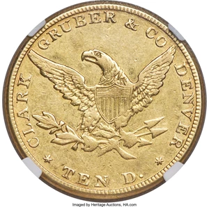 image for: 1861 $10 Clark, Gruber & Co. Ten Dollar -- Mint Error, Obverse Lamination -- XF45 NGC. K-7, R.4....