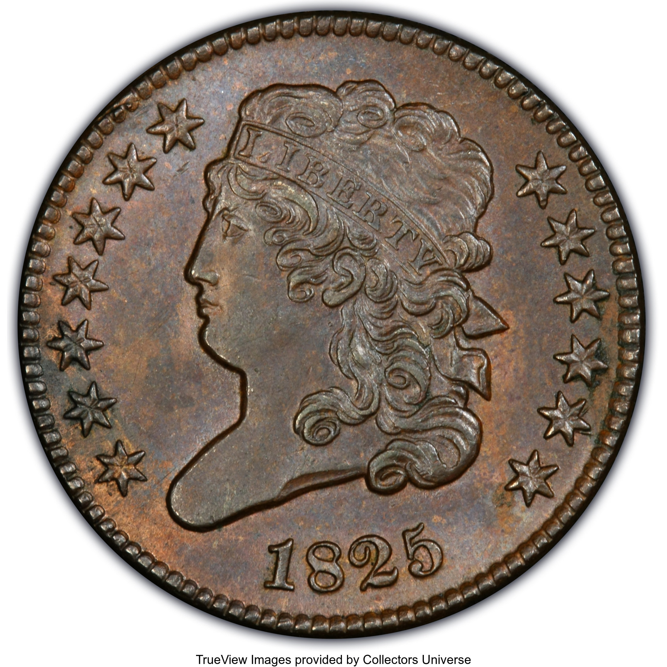 image for: 1825 1/2 C MS62 Brown PCGS. PCGS Population: (19/61). NGC Census: (18/30). CDN: $1,300 Whsle. Bid for NGC/PCGS MS62. Mintag...