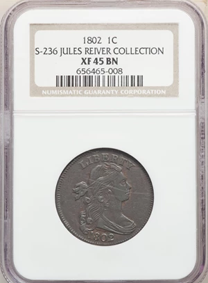image for: 1802 1C S-236, B-16, R.1, XF45 NGC. Ex: Jules River Collection. NGC Census: (3/5). PCGS Population: (0/6). CDN: $1,300 Whsl...