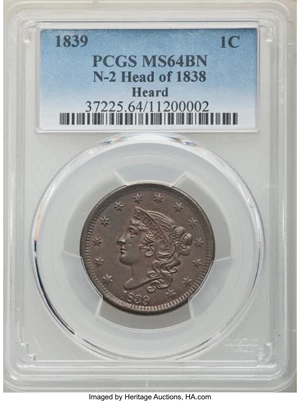 image for: 1839 1C Head of 1838, Beaded Cords, N-2, R.2, MS64 Brown PCGS. PCGS Population: (6/2). NGC Census: (2/3). MS64. Mintage 3,1...