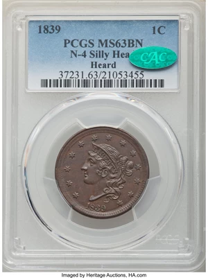 image for: 1839 1C Silly Head, N-4, R.1, MS63 Brown PCGS. CAC. Ex: Heard. PCGS Population: (14/54). NGC Census: (12/32). MS63. Mintage...