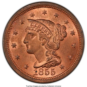 image for: 1855 1C Upright 5s MS64+ Red PCGS. PCGS Population: (87/102 and 4/14+). NGC Census: (56/40 and 3/0+). MS64. Mintage 1,574,8...