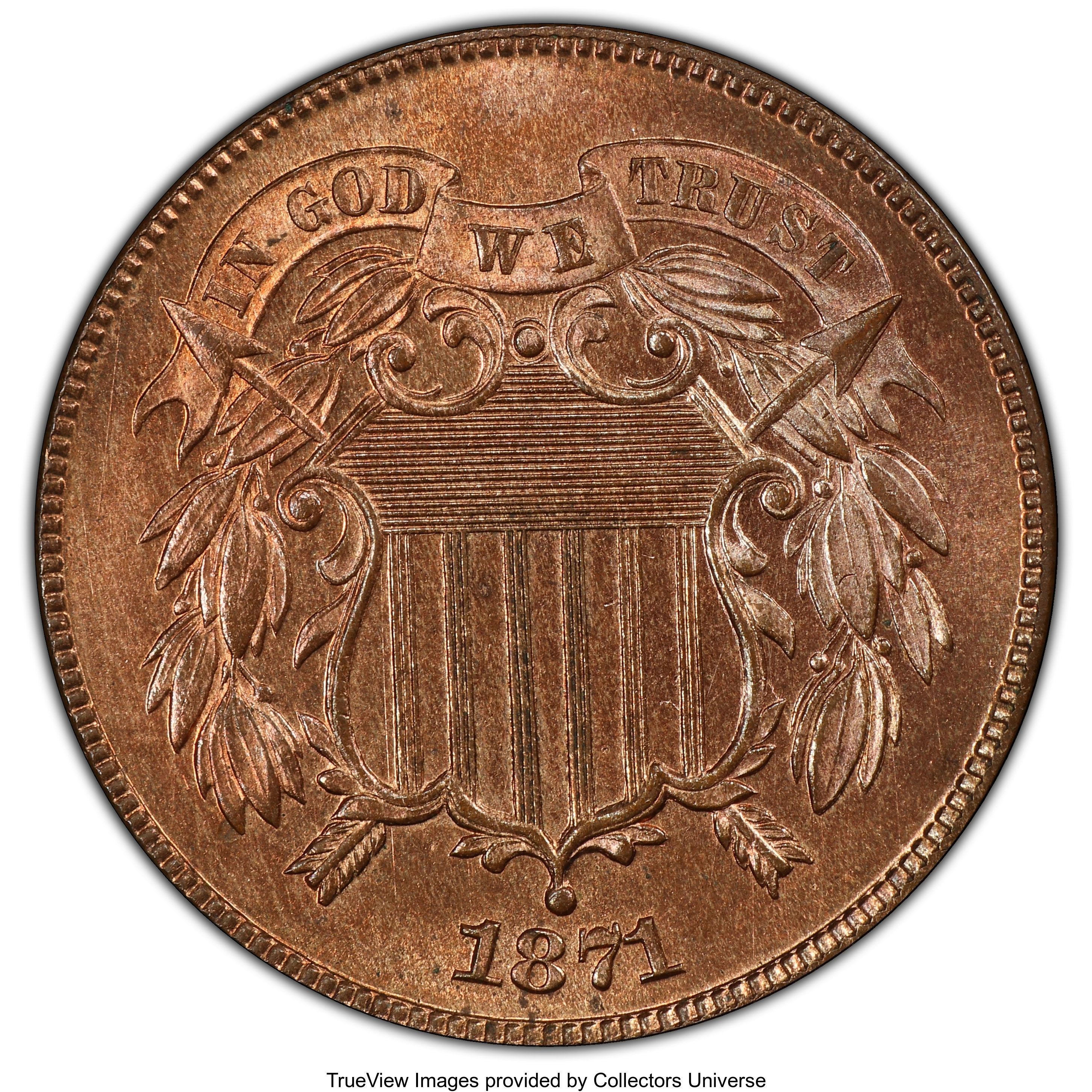 image for: 1871 2C PR65 Red PCGS. PCGS Population: (42/19 and 0/3+). NGC Census: (29/8 and 1/0+). CDN: $1,800 Whsle. Bid for NGC/PCGS ...