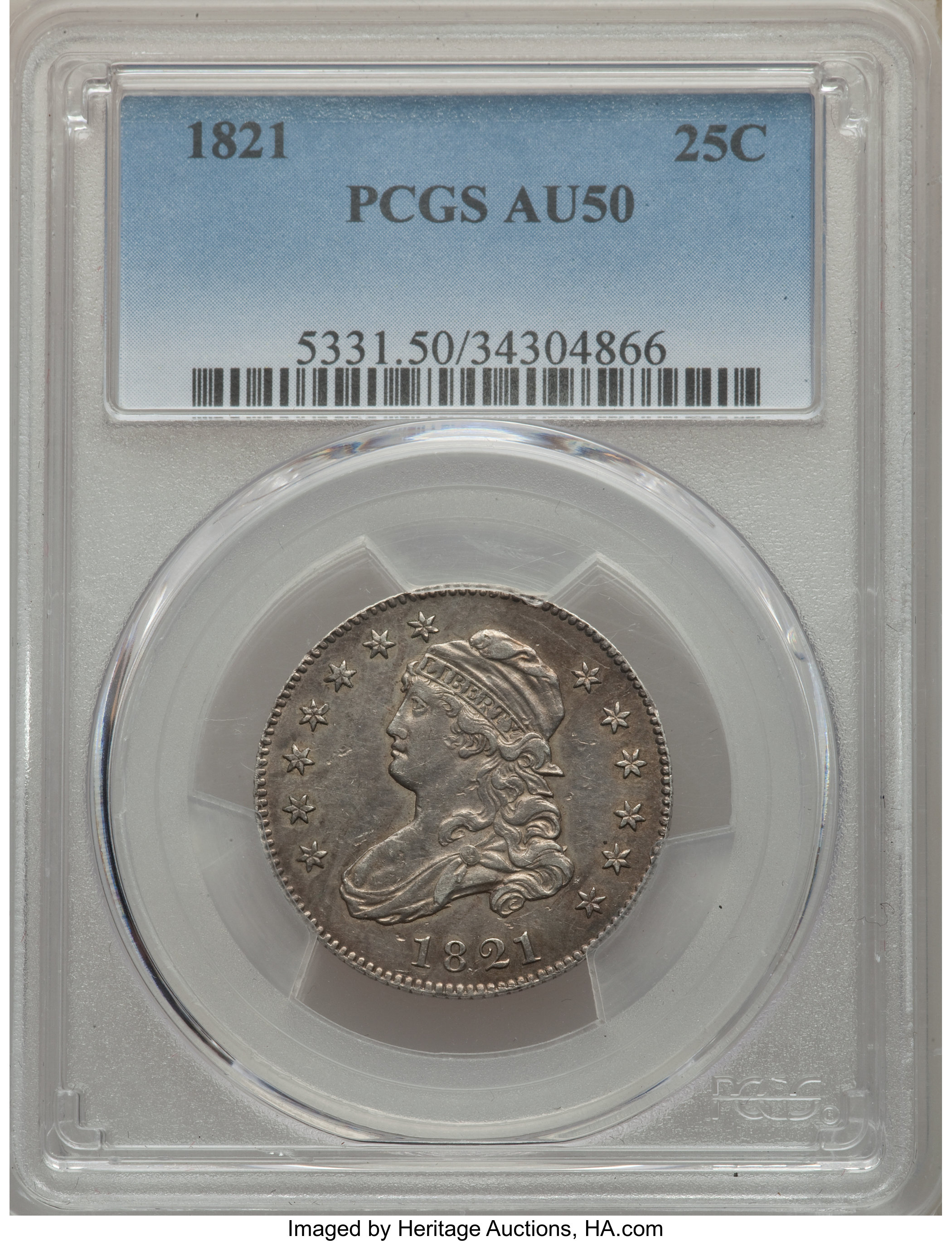 1821 25C AU50 PCGS. PCGS Population: (15/86). NGC Census: (13/84). CDN: $1,600 Whsle. Bid for NGC/PCGS AU50. Mintage 216,85...