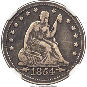 image for: 1854-O 25C Huge O VF25 NGC. NGC Census: (6/23). PCGS Population: (5/38). CDN: $1,500 Whsle. Bid for NGC/PCGS VF25. Mintage ...
