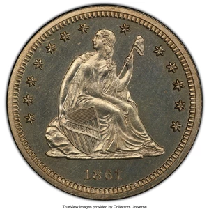 image for: 1861 25C PR64 PCGS. PCGS Population: (36/13 and 1/1+). NGC Census: (22/24 and 0/0+). CDN: $1,600 Whsle. Bid for NGC/PCGS PR...