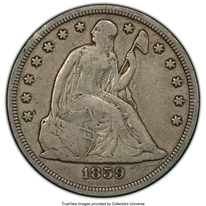 image for: 1859-S $1 Fine 15 PCGS. PCGS Population: (8/245 and 0/3+). NGC Census: (3/131 and 0/0+). CDN: $1,050 Whsle. Bid for NGC/PCG...