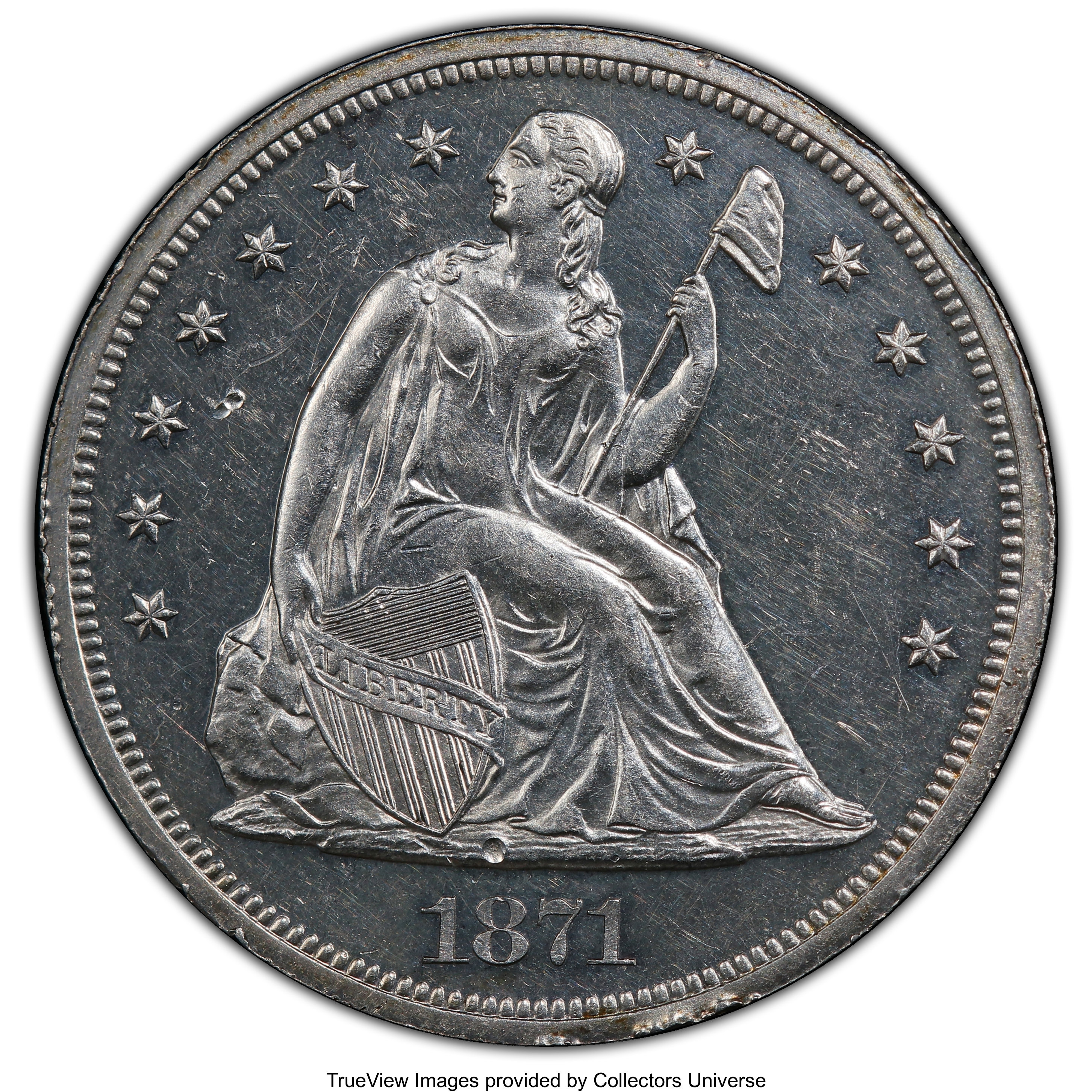 image for: 1871 $1 PR58 PCGS. PCGS Population: (8/234 and 0/3+). NGC Census: (5/151 and 0/1+). CDN: $1,400 Whsle. Bid for NGC/PCGS PR5...