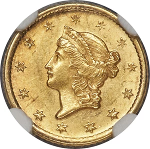 image for: 1849-O G$1 Open Wreath MS63 NGC. NGC Census: (48/39). PCGS Population: (43/29). CDN: $2,800 Whsle. Bid for NGC/PCGS MS63. M...