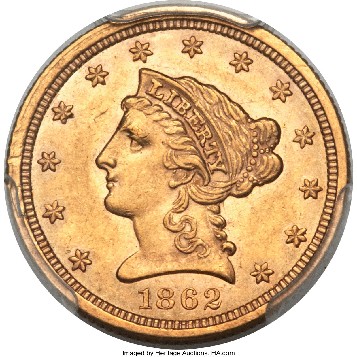 image for: 1862 $2 1/2 AU58 PCGS. PCGS Population: (27/45). NGC Census: (66/66). CDN: $2,800 Whsle. Bid for NGC/PCGS AU58. Mintage 98,...