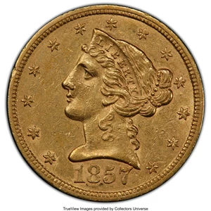 image for: 1857-S $5 AU55 PCGS. PCGS Population: (14/33 and 0/0+). NGC Census: (21/31 and 0/0+). CDN: $1,325 Whsle. Bid for NGC/PCGS A...