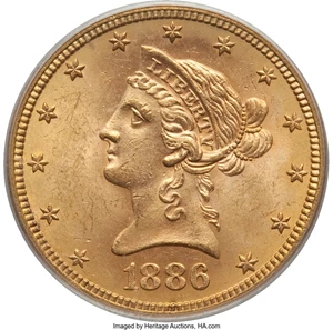 image for: 1886-S $10 MS64 PCGS. PCGS Population: (40/2). NGC Census: (17/0). CDN: $1,800 Whsle. Bid for NGC/PCGS MS64. Mintage 826,00...