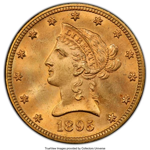 image for: 1895 $10 MS64 PCGS. PCGS Population: (78/2 and 9/2+). NGC Census: (189/4 and 1/0+). CDN: $1,250 Whsle. Bid for NGC/PCGS MS6...