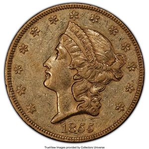 image for: 1855 $20 AU50 PCGS. PCGS Population: (43/149 and 0/1+). NGC Census: (43/260 and 0/2+). CDN: $1,887.79.Whsle. Bid for NGC/PC...