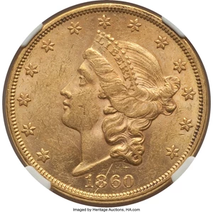 image for: 1860 $20 AU58 NGC. NGC Census: (247/55). PCGS Population: (123/90). CDN: $2,150 Whsle. Bid for NGC/PCGS AU58. Mintage 577,6...