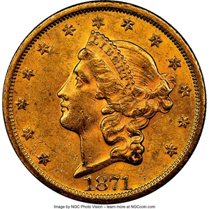 image for: 1871-S $20 AU58 NGC. CAC. NGC Census: (515/193). PCGS Population: (228/189). CDN: $1,615.99.Whsle. Bid for NGC/PCGS AU58. M...