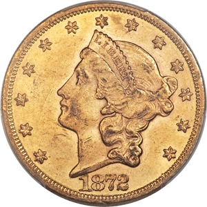 image for: 1872 $20 AU58 PCGS. PCGS Population: (133/131). NGC Census: (266/70). CDN: $2,125 Whsle. Bid for NGC/PCGS AU58. Mintage 251...