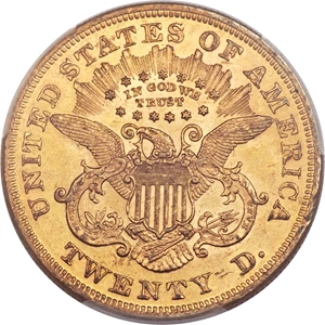 image for: 1872 $20 AU58 PCGS. PCGS Population: (133/131). NGC Census: (266/70). CDN: $2,125 Whsle. Bid for NGC/PCGS AU58. Mintage 251...