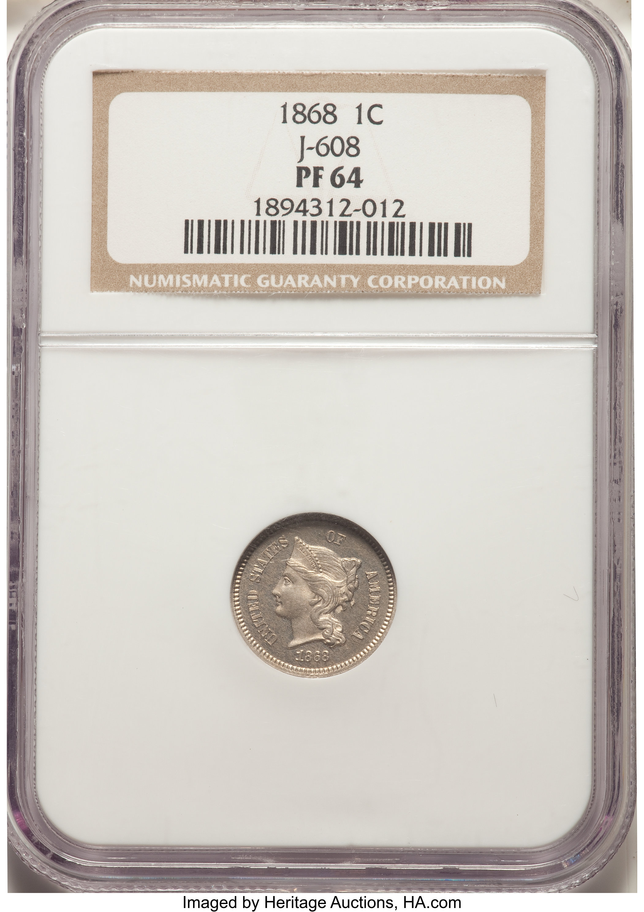 image for: 1868 1C Cent, Judd-608, Pollock-673, R.4, PR64 NGC. NGC Census: (12/13). PCGS Population: (14/15).  ...