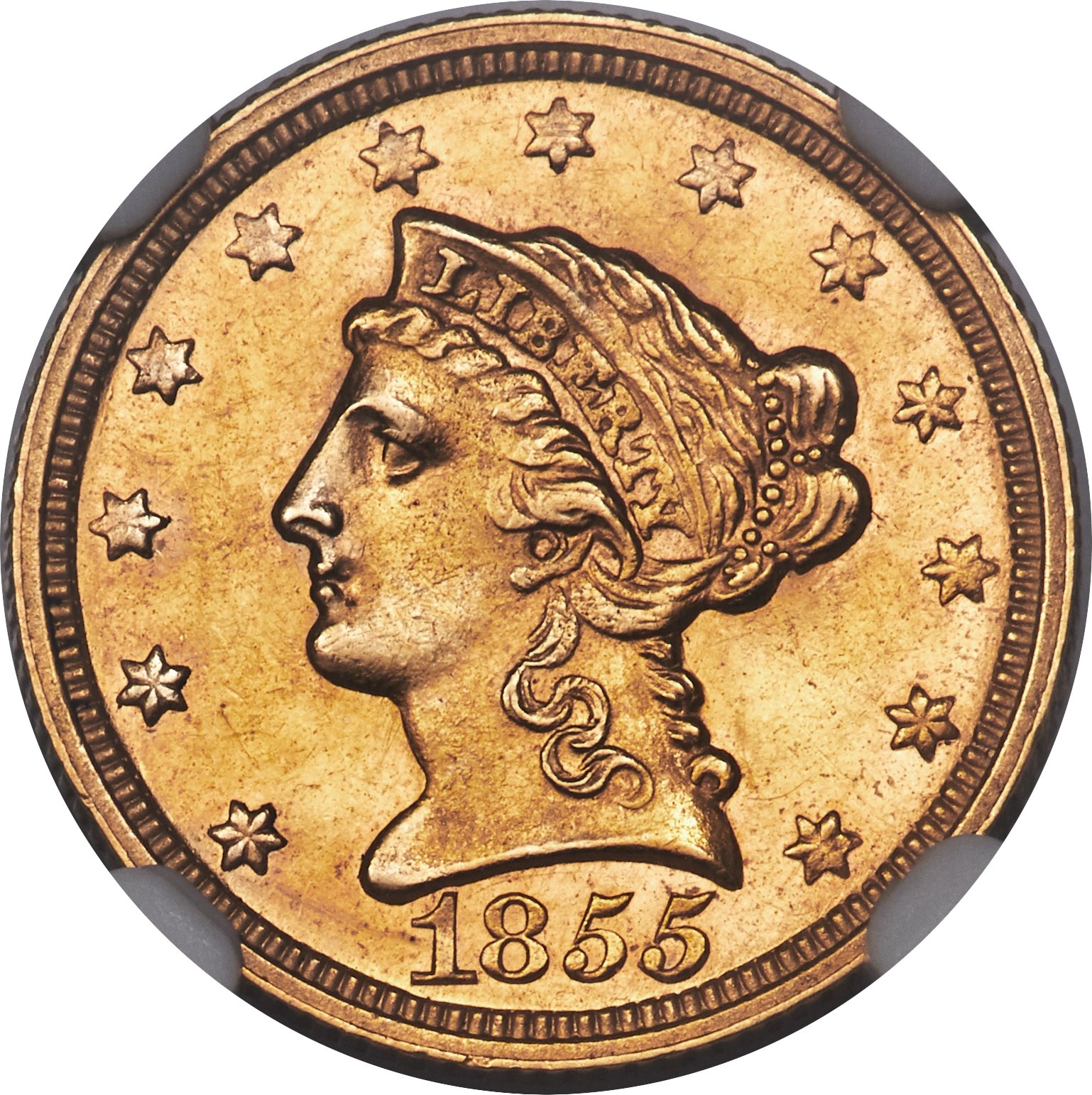 image for: 1855-C $2 1/2 MS61 NGC. Variety 1....