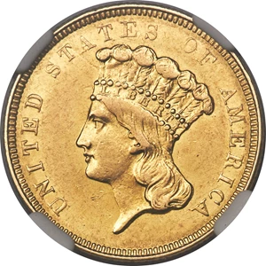 image for: 1854-O $3 AU58 NGC. Variety 2....